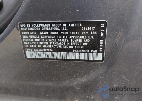 2017 Volkswagen Passat 1.8T R-Line from USA, damaged, VIN 1VWDT7A35HC052564